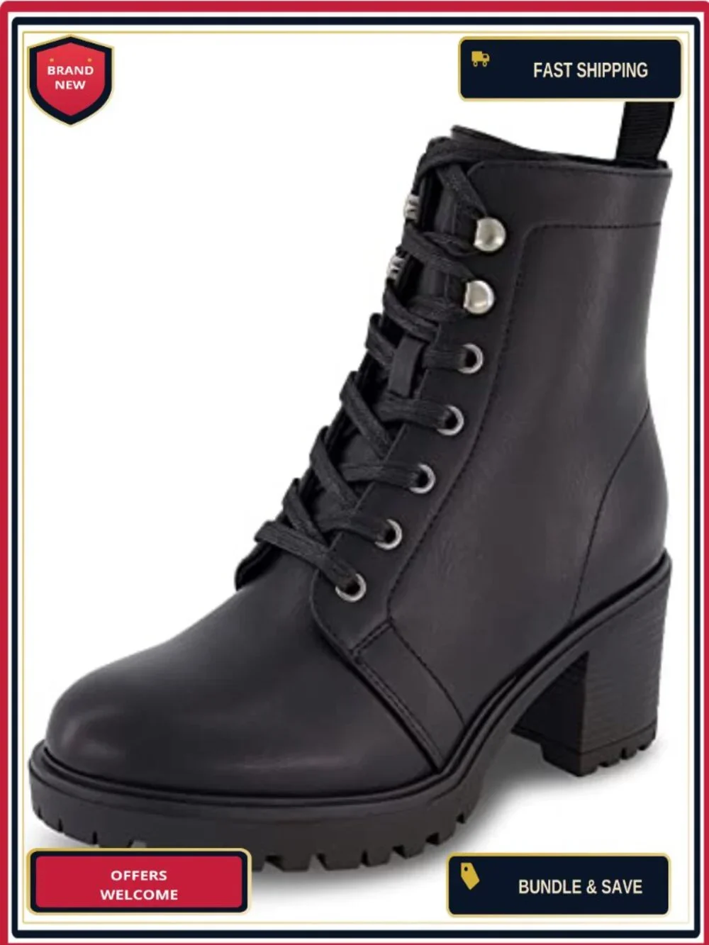 Lace Up Ankle Boots with Memory Foam, Chunky Heel, Lug Sole
